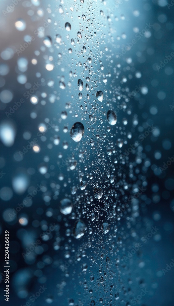 Fototapeta premium Water droplets forming crystals on a dirty pane, frosty light filtering, frosty atmosphere, , glassy surface