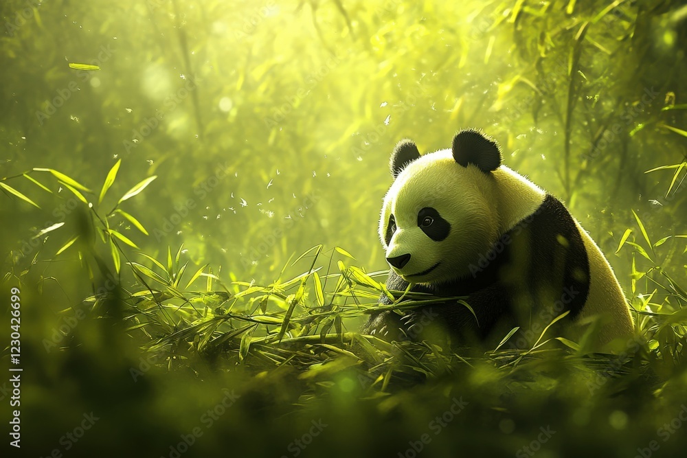 Panda exploring a bamboo forest in soft morning light Panda exploring a bamboo forest in soft morning light
