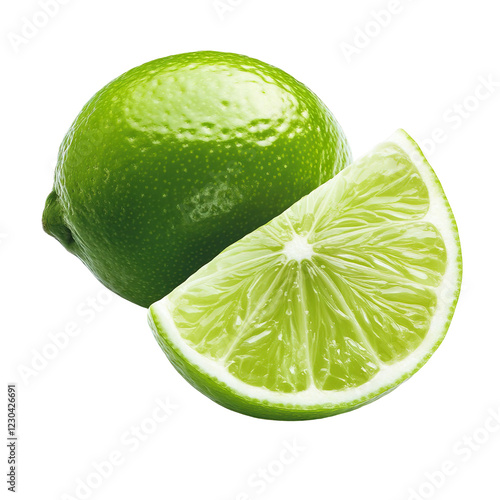 Fresh lime with vibrant green color, showcasing cut slice revealing juicy segments. Perfect for culinary uses and refreshing beverages