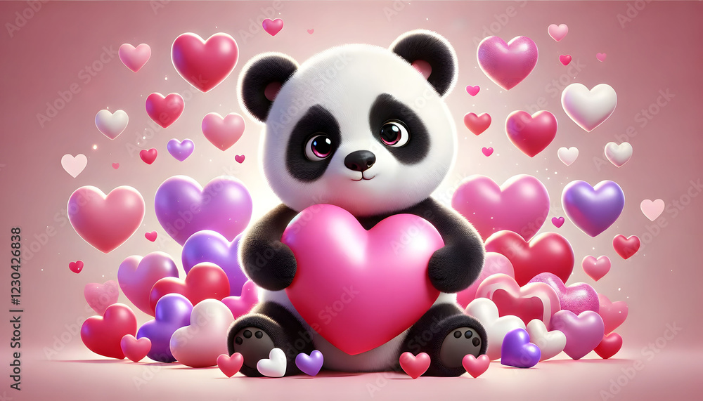 Adorable 3D Panda Holding a Pink Heart Surrounded by Floating Colorful Hearts on a Soft Gradient Pink Background Adorable 3D Panda Holding a Pink Heart Surrounded by Floating Colorful Hearts on a Soft Gradient Pink Background