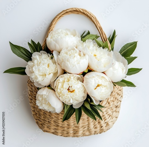 White peonies arranged in a woven basket with green leaves on a light background