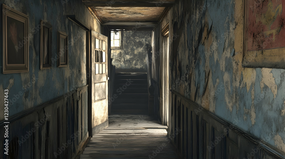 Abandoned hallway with peeling paint and rustic decor, symbolizing age and decay 16:9 - Image #3 @fme39856 Abandoned hallway with peeling paint and rustic decor, symbolizing age and decay 16:9 - Image #3 @fme39856