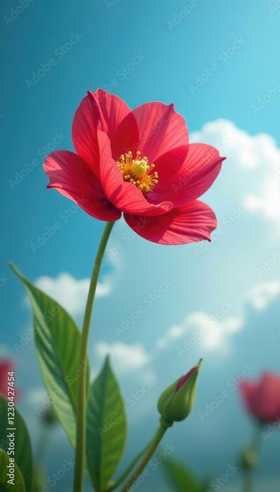 Obraz premium A delicate red flower nestled in the heart of a cloudless blue, garden landscape, flower in cloud