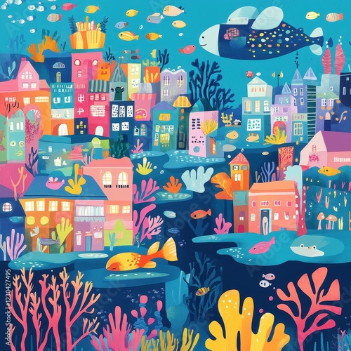 Underwater Cityscape With Colorful Buildings And Fish