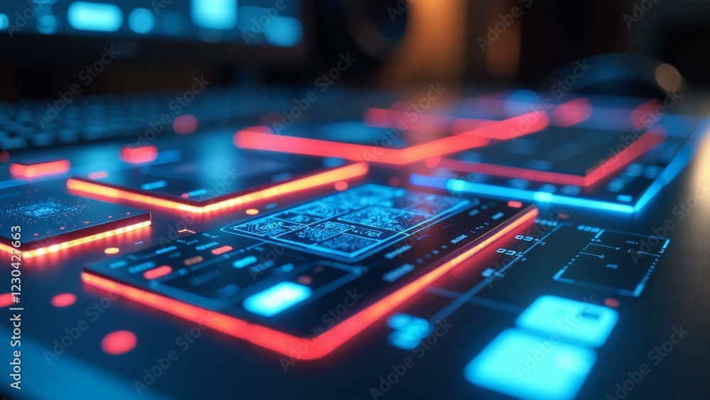 A high-tech control room console features holographic panels and glowing neon lines. A high-tech control room console features holographic panels and glowing neon lines.