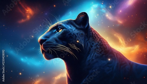 majestic panther silhouette in cosmic nebula scene for artistic decor photo