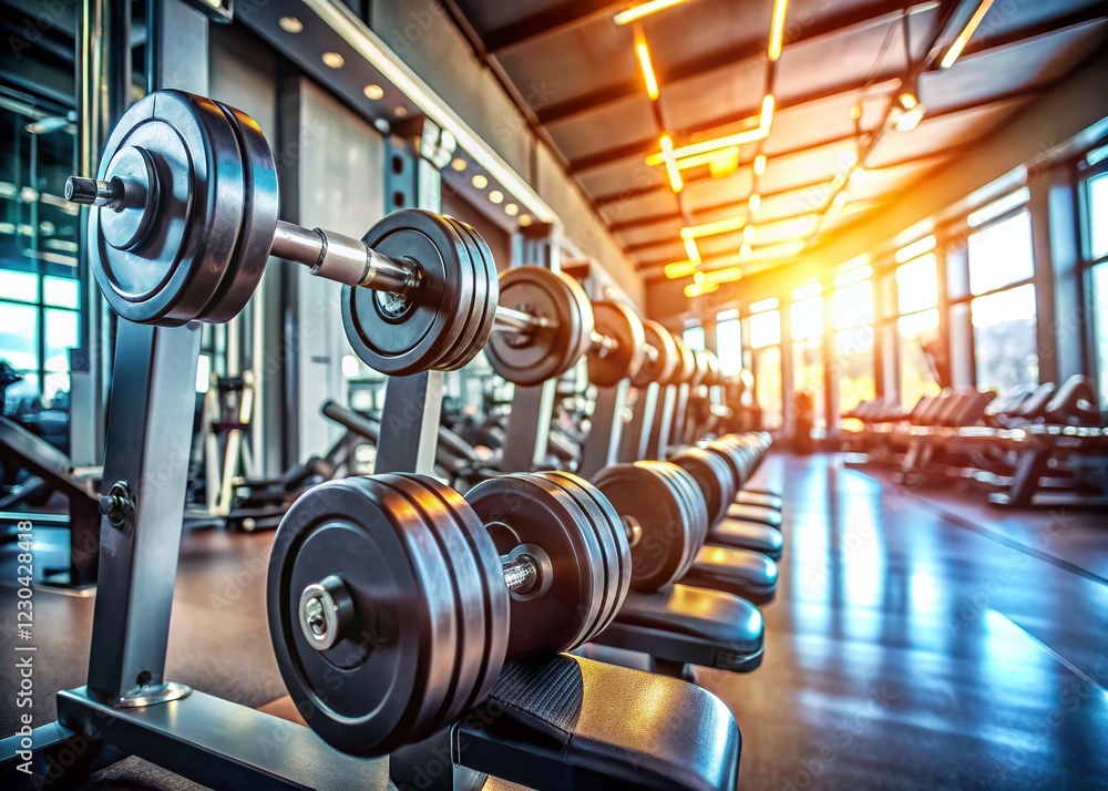 Fototapeta premium Sharp Focus Gym Fitness Equipment: Weights, Dumbbells, and Machines