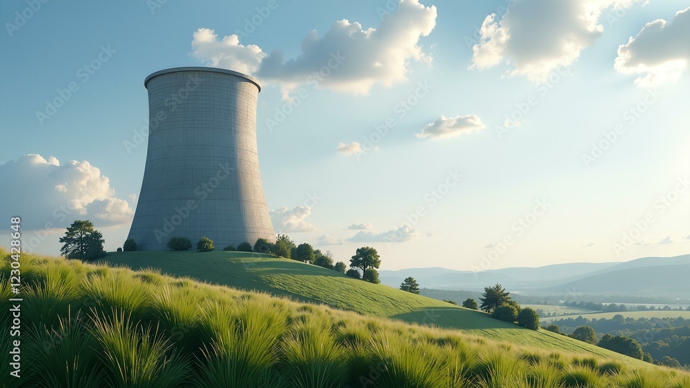 A carbon capture tower stands in a field, with leading lines converging to its base. A carbon capture tower stands in a field, with leading lines converging to its base.