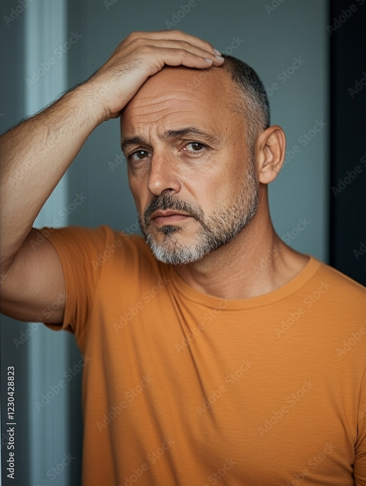 Obraz premium Middle-aged man in casual wear showing concern indoors