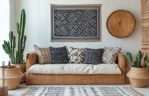 Cozy living room with natural decor featuring woven furniture and cacti photo