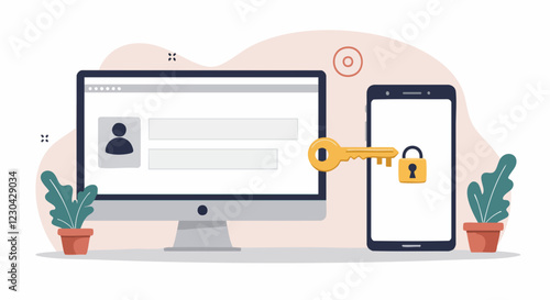 Illustration of cybersecurity with a computer screen and smartphone displaying a secure login process using encryption.