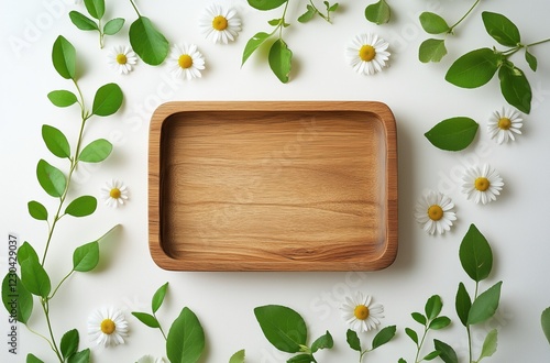 Natural wood tray surrounded by green leaves and daisies on a light background