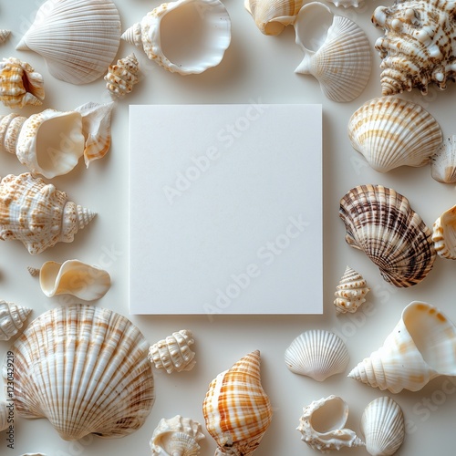 Display of various seashells surrounding a blank canvas on a light surface