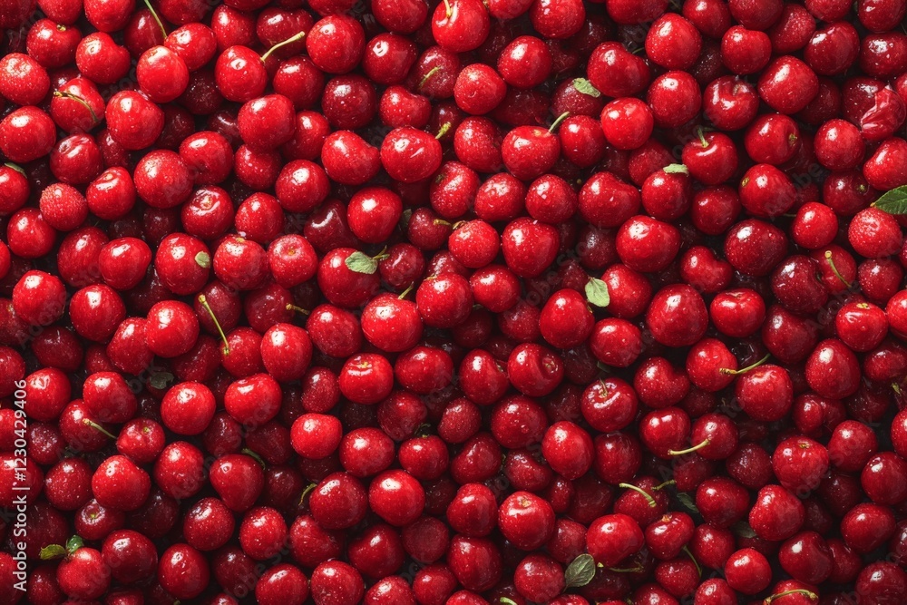 Fresh red cherries arranged prominently on a surface, showcasing their vibrant color and natural shine in a detailed display Fresh red cherries arranged prominently on a surface, showcasing their vibrant color and natural shine in a detailed display