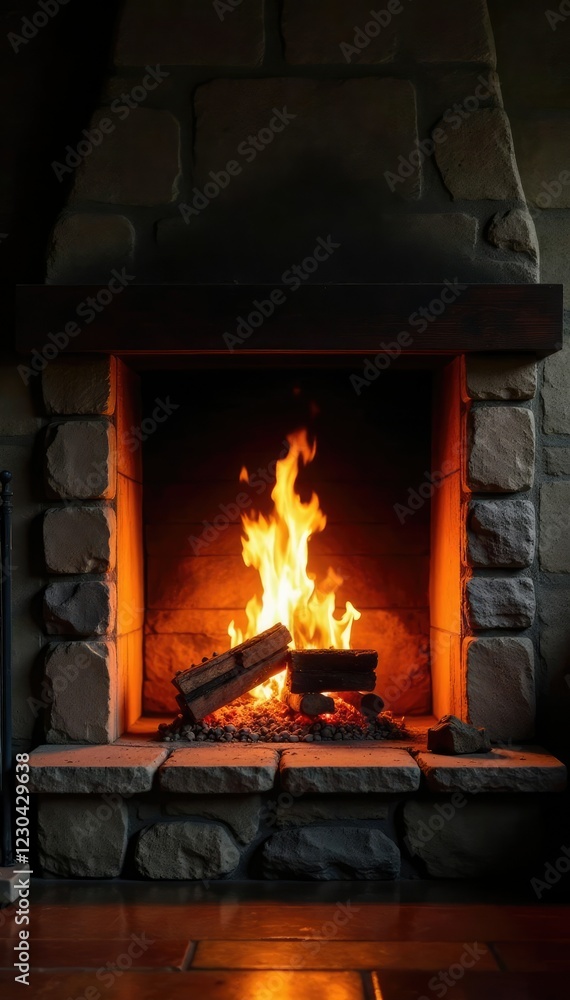 Cozy flames cast a golden radiance on stone hearth, warmth, glow, rustic