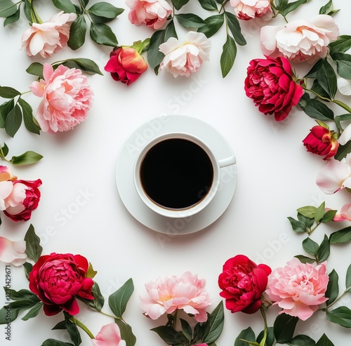 Coffee cup surrounded by blooming flowers in soft pastel hues on a white back...