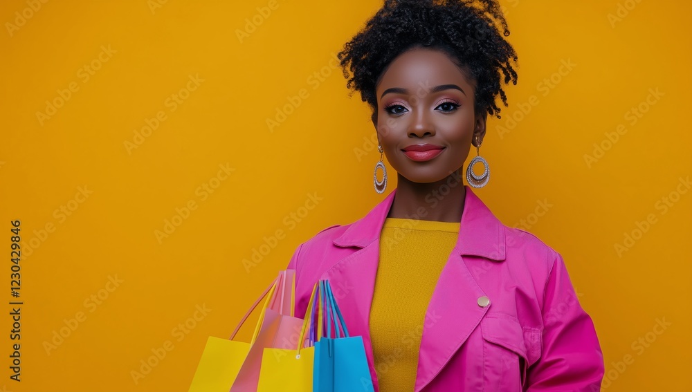 Brightly dressed woman holding shopping bags in front of a vivid yellow background Brightly dressed woman holding shopping bags in front of a vivid yellow background