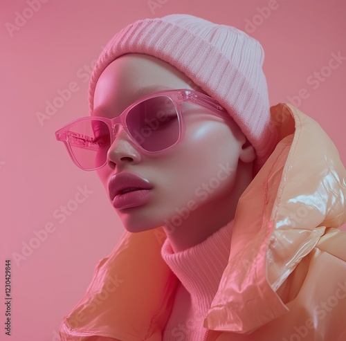 Model poses with pink sunglasses and winter attire against a vibrant pink bac...