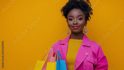 Brightly dressed woman holding shopping bags in front of a vivid yellow backg...