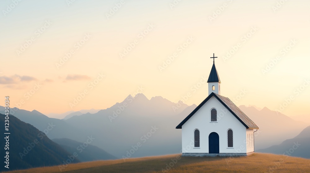 Naklejka premium A serene white church is set against a breathtaking backdrop of mountains at sunset, symbolizing peace and spirituality in a tranquil landscape. A perfect representation of faith.