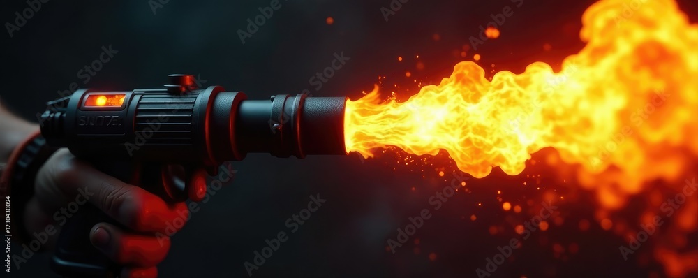 Flamethrower nozzle emitting intense hot glowing plasma tongue, fire jet, pyrotechnic Flamethrower nozzle emitting intense hot glowing plasma tongue, fire jet, pyrotechnic