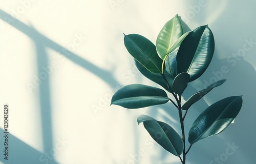 Green leaves illuminated by soft sunlight against a pale wall enhancing indoo...