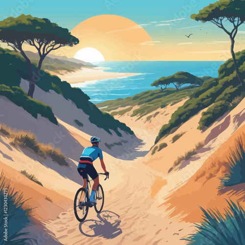 Cyclist riding coastal path natural landscape vibrant colors ocean view trees hills digital art.vector illustration.