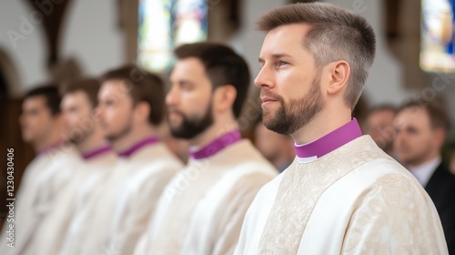 A solemn gathering of clergymen in traditional vestments during a religious ceremony, showcasing their dedication and unity in the spiritual community. photo