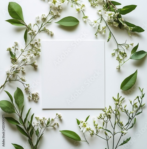 White square card surrounded by green leaves and delicate white flowers on a ...