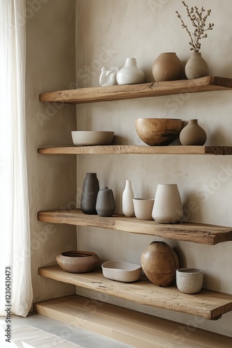 Shelves decorated with unique pottery and wooden bowls in a minimalist interi...