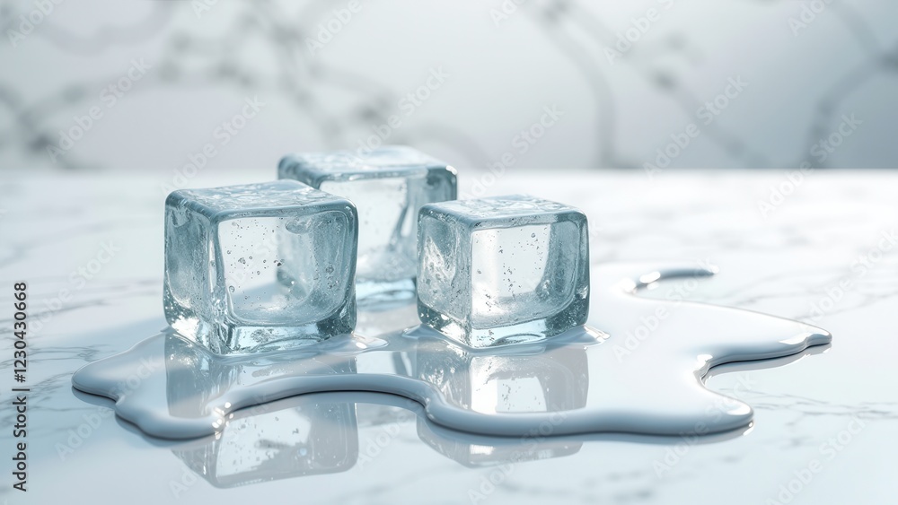 Fresh ice cubes melting on a marble surface with scattered water puddles and droplets Fresh ice cubes melting on a marble surface with scattered water puddles and droplets
