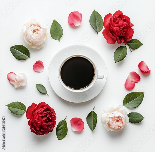 Fresh coffee surrounded by red and white roses with green leaves and petals a...