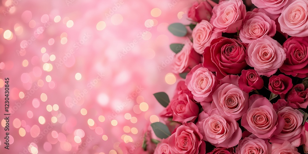 Pink festive background with sequins and roses, on the left is an empty space mine. Pink festive background with sequins and roses, on the left is an empty space mine.