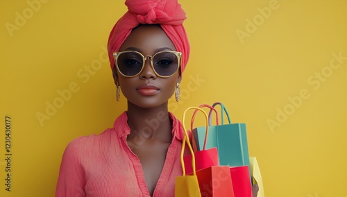 Stylish woman in pink headwrap holds colorful shopping bags against a vibrant...