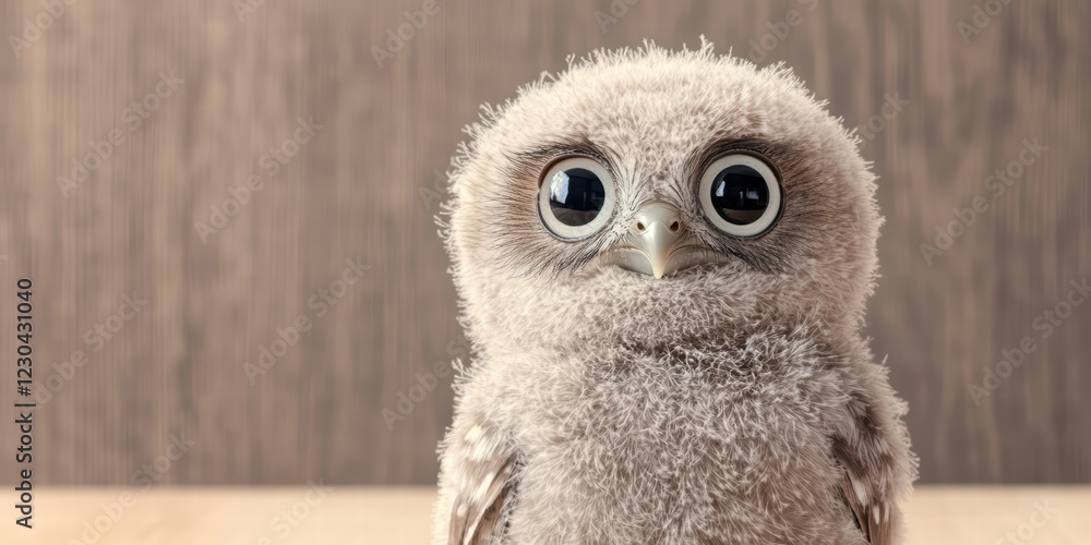 Obraz premium Cute Baby Owl With Big Eyes and Soft Feathers on Wooden Background