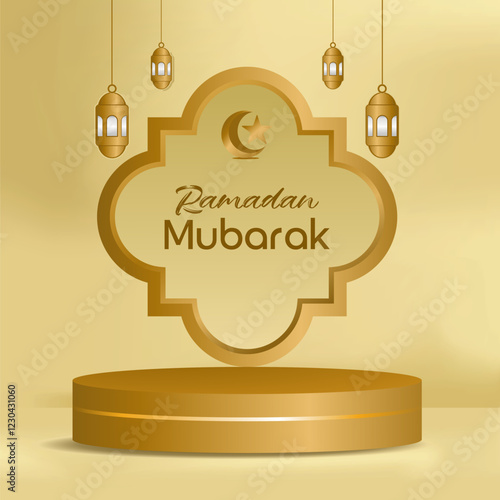 3d cylinder podium product display with door masque arabic pattern with golden lantern lamp for ramadan mubarak