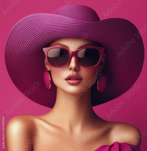 Fashionable woman in a striking pink hat and sunglasses against a vibrant pin...