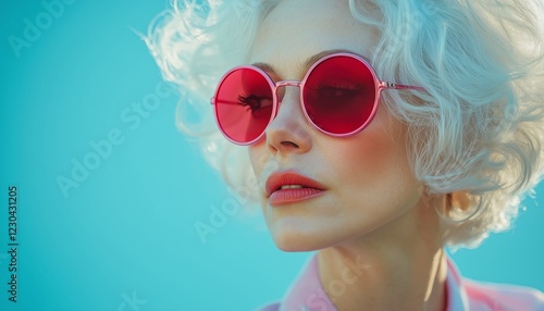 Stylish woman with retro sunglasses posing against a bright blue background