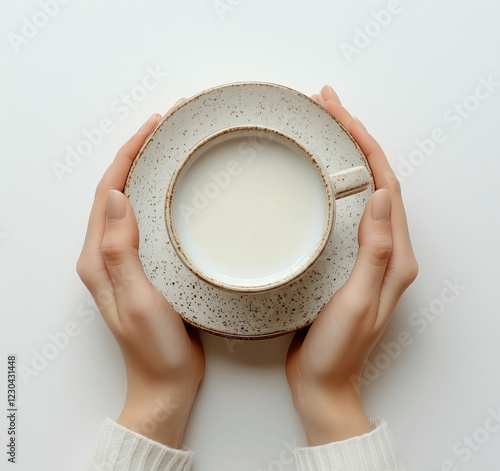 Warm cup of milk held gently in hands on a minimalistic white background