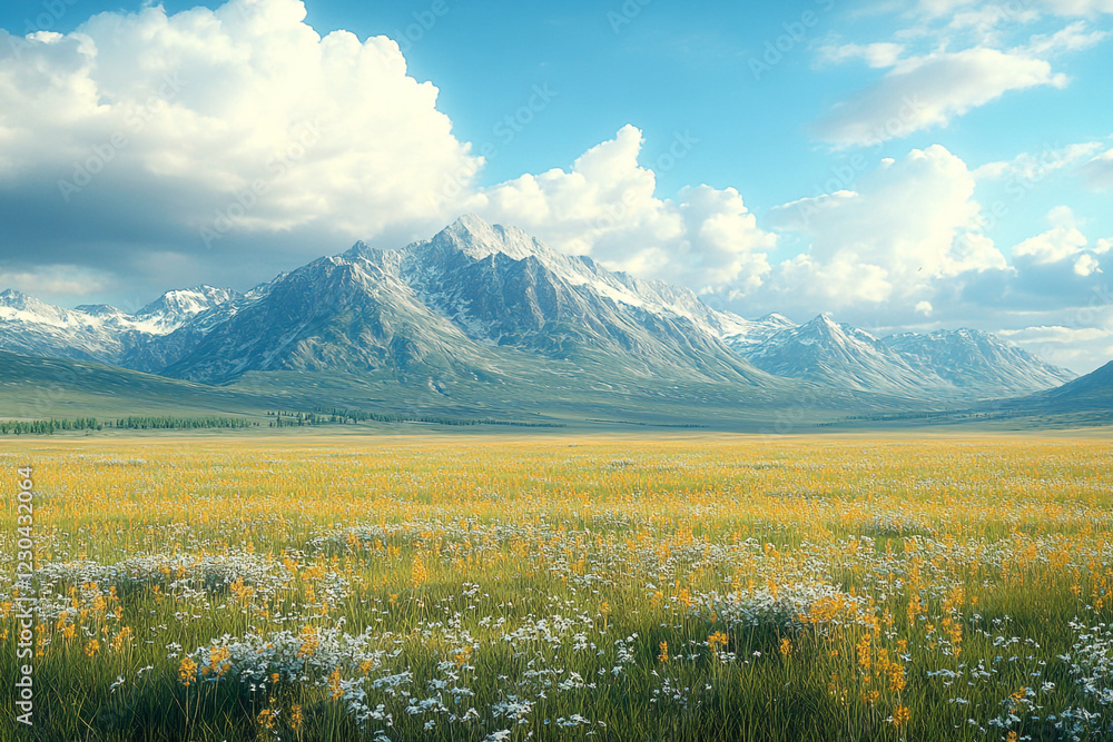 Fototapeta premium Mountain Meadow Wildflowers Under a Sunny Sky