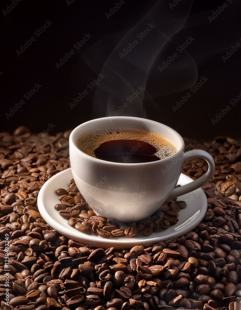 Fototapeta premium Taza de café, sobre una montaña de granos de café arabica tostados.