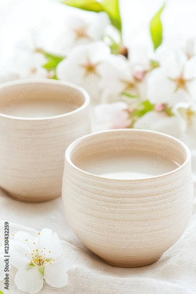 Ceramic cups arranged on linen cloth with cherry blossoms creating a serene atmosphere in soft natural light Ceramic cups arranged on linen cloth with cherry blossoms creating a serene atmosphere in soft natural light