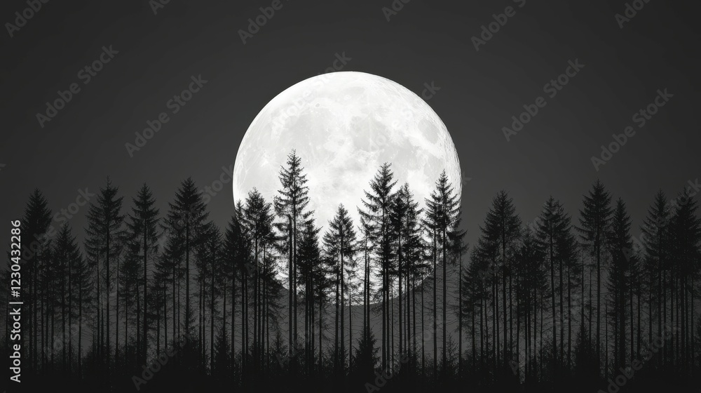 Bright full moon rises behind dark silhouette of trees Bright full moon rises behind dark silhouette of trees