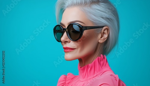 Stylish woman in oversized sunglasses posing against a vibrant turquoise back...