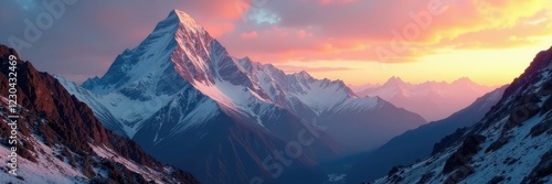 Killer Nanga Parbat mountain at sunrise with rugged terrain, rocky, alps photo