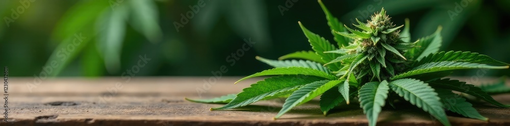 Large cannabis plant with big leaves and buds on wooden table, cannabis, table, weed Large cannabis plant with big leaves and buds on wooden table, cannabis, table, weed