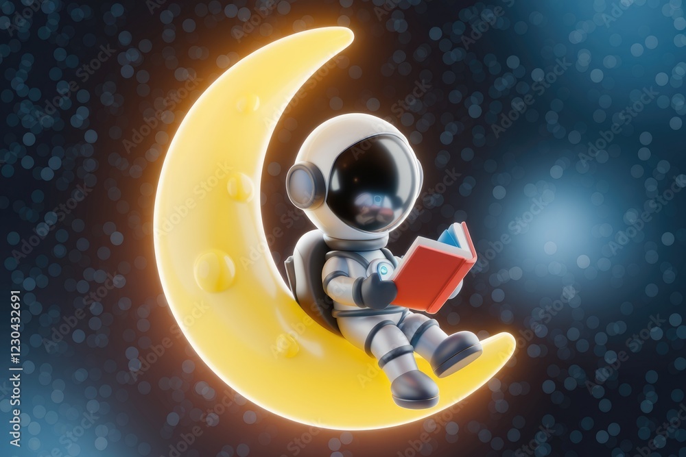 Naklejka premium Cute astronaut reading a book while sitting on a glowing crescent moon in space.