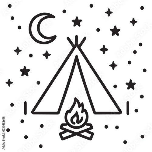 Teepee Camping Night Scene Starry Sky Moon Fire