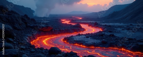 Lava flows through a barren landscape of volcanic rock, geology, natural wonders, volcanic rocks