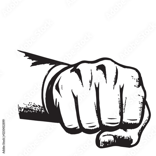 Powerful Clenched Fist Black and White Illustration